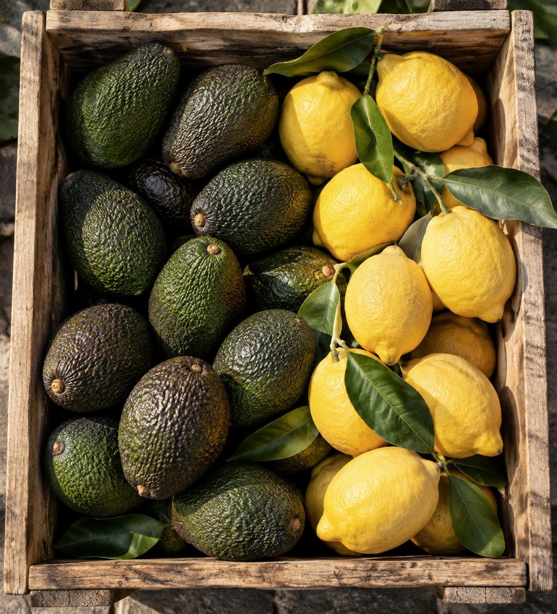 Crate of avocados and lemons